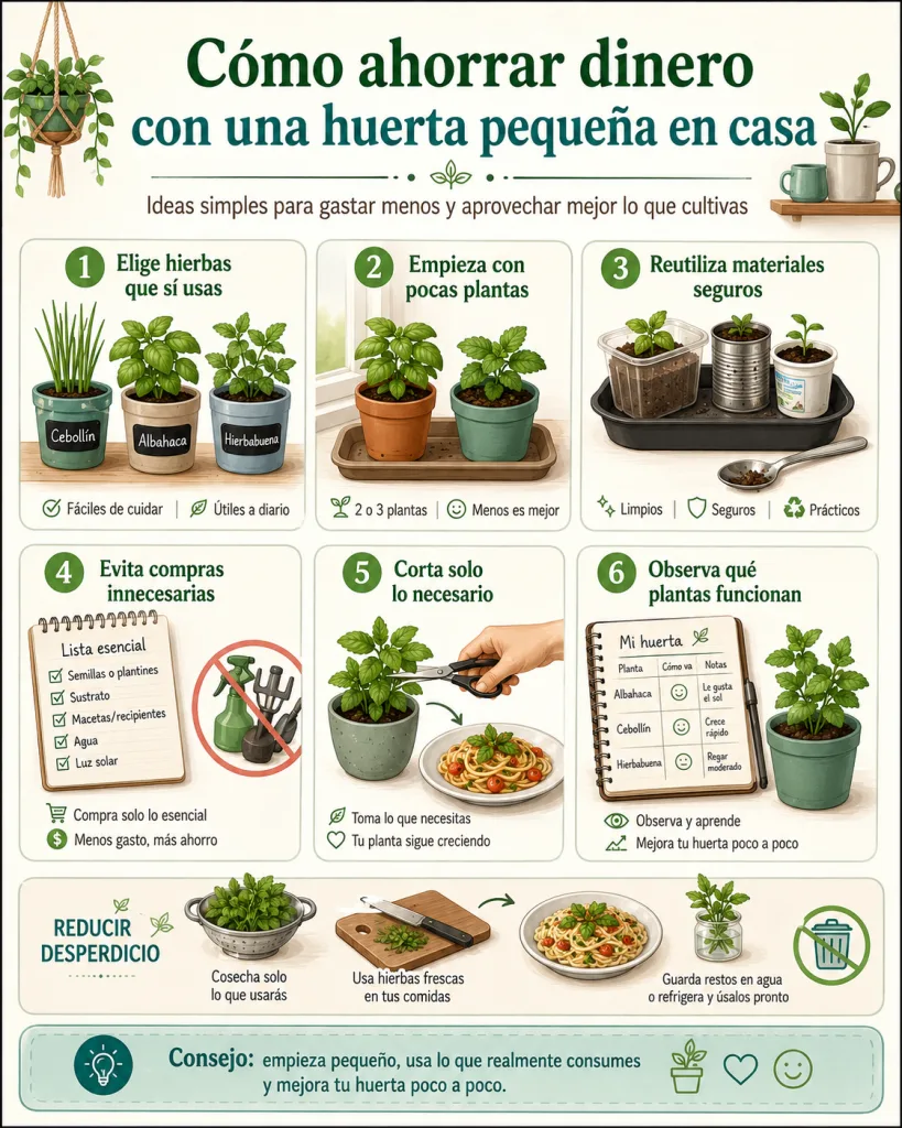 Cómo ahorrar dinero con una huerta pequeña sin esperar grandes cosechas Guía visual para ahorrar con una huerta pequeña en casa.