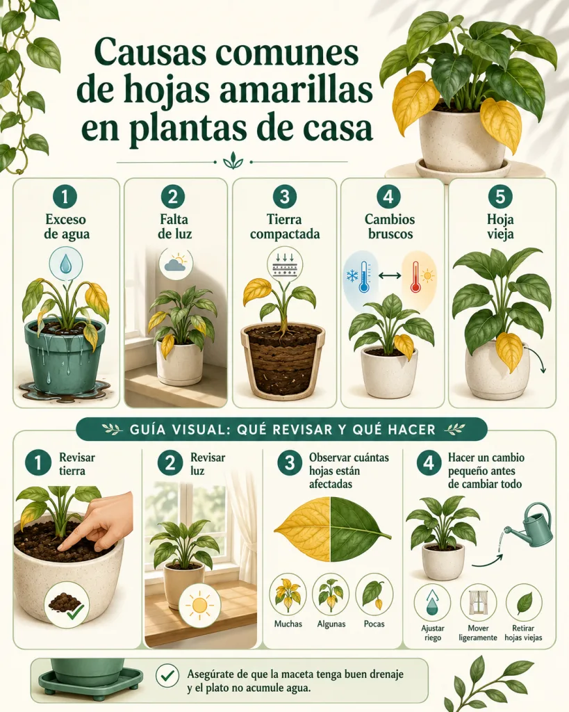 Guía visual con causas comunes de hojas amarillas en plantas de casa.
