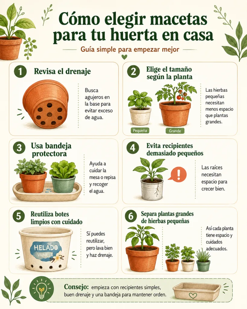 Guía visual para elegir macetas adecuadas para una huerta casera.
