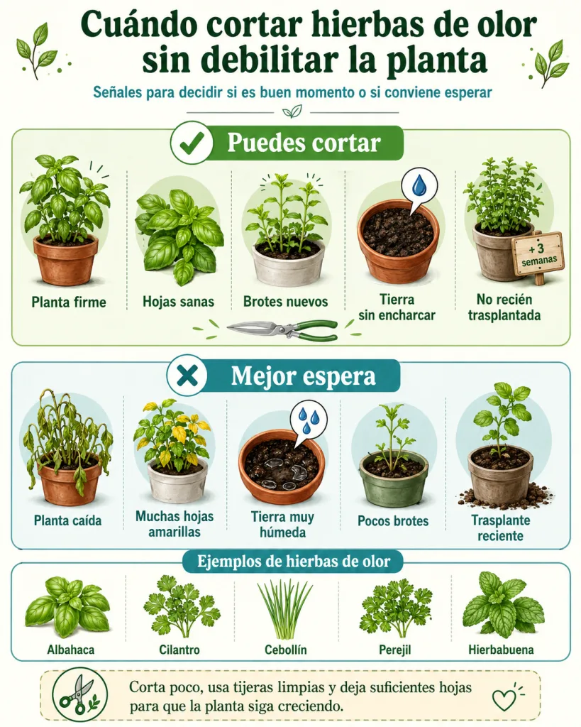 Guía visual sobre cuándo cortar hierbas de olor sin debilitar la planta.