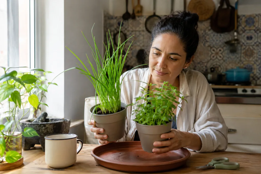 Plantas fáciles para una huerta casera de principiantes Hierbas de olor en macetas pequeñas para una huerta casera de principiantes.