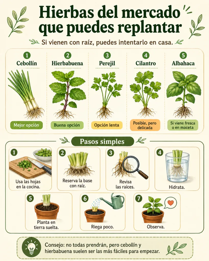 Guía visual de hierbas de olor del mercado que se pueden replantar si tienen raíz.