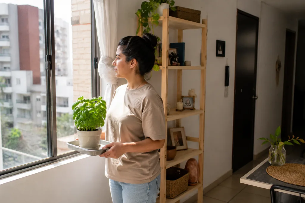 Cómo elegir el mejor lugar para tu huerta dentro del departamento Mujer sosteniendo una planta en maceta y mirando por la ventana