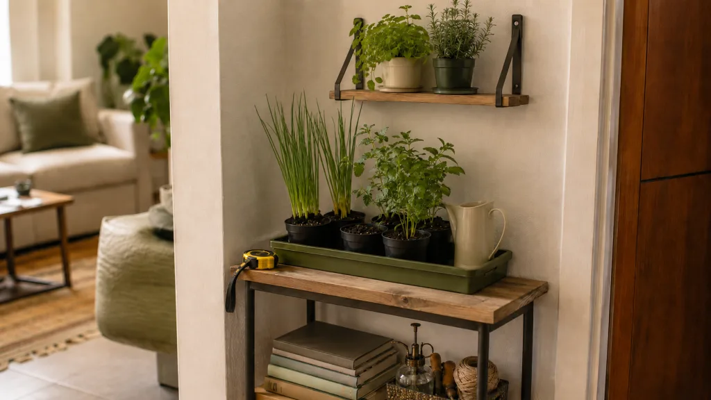 Mini huerta organizada en un rincón pequeño del departamento con macetas en charola y repisa de pared.