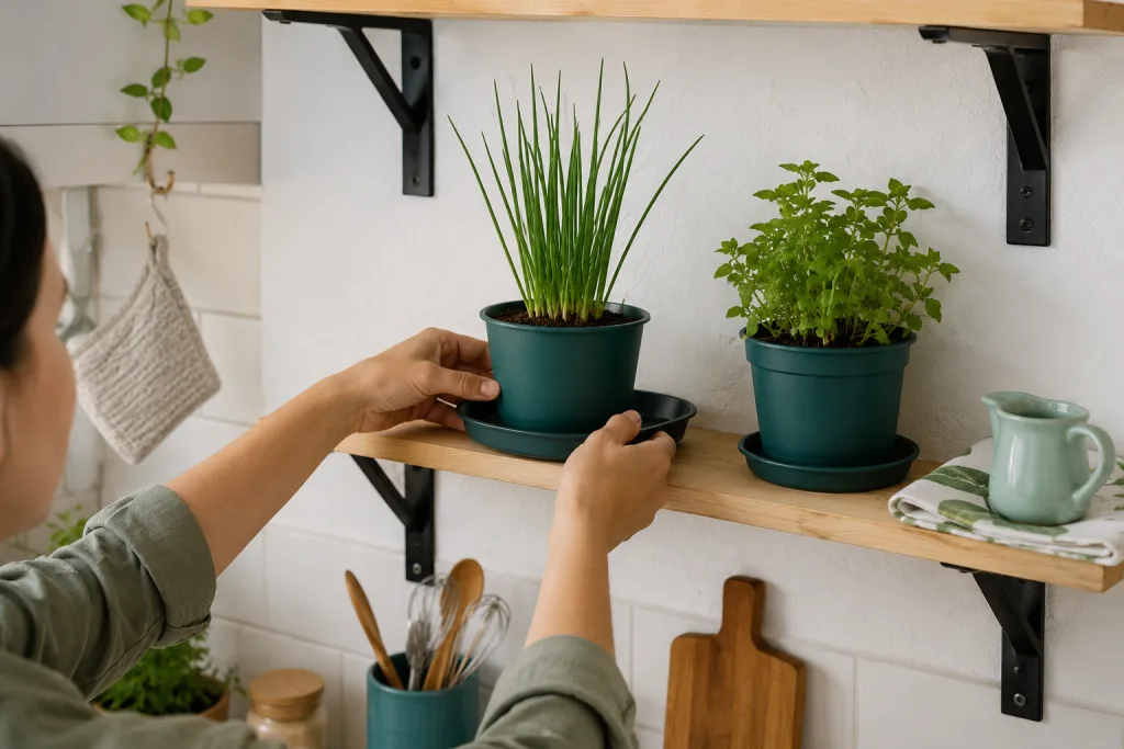 Huerta pequeña organizada en repisas dentro de una cocina compacta.