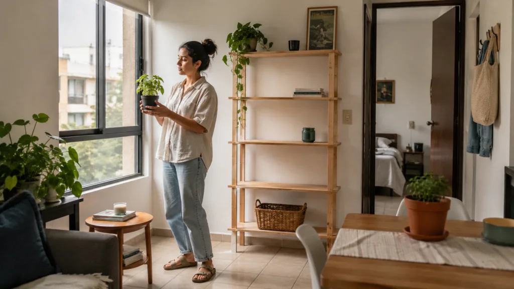 Mujer sosteniendo una planta en maceta y mirando por la ventana
