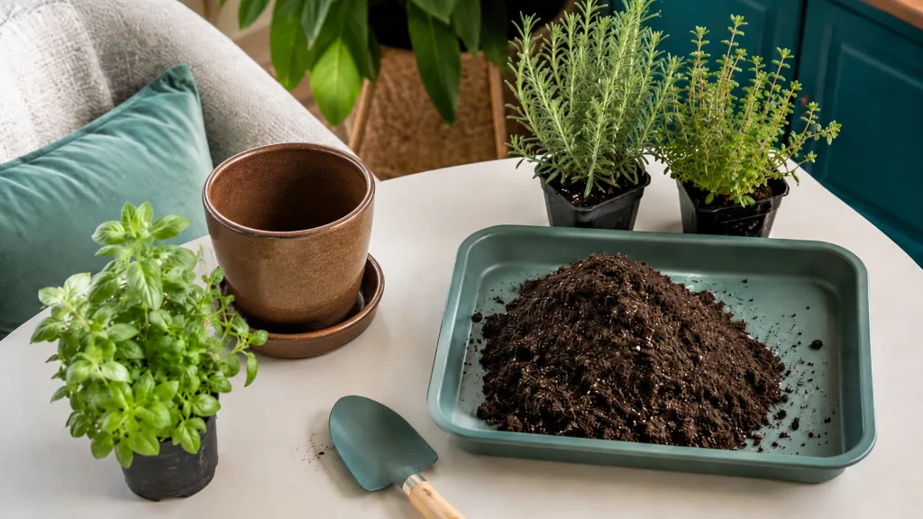 Tierra suelta para preparar una huerta en macetas dentro de casa.
