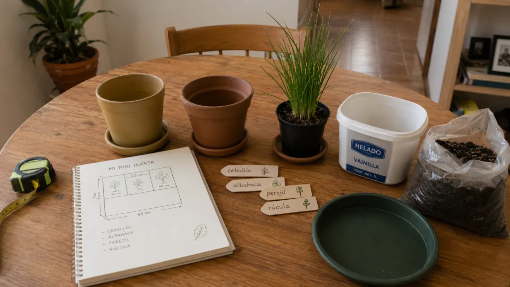 Materiales organizados para planear una mini huerta en casa desde cero.