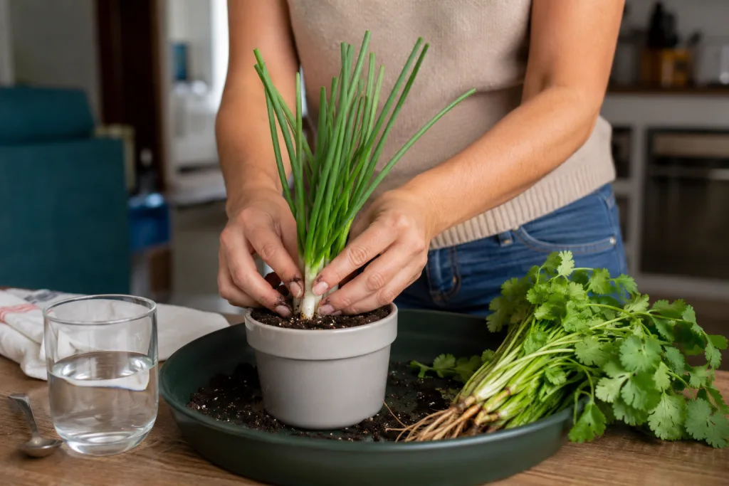 Persona plantando cebollín con raíz en una maceta pequeña dentro de casa.