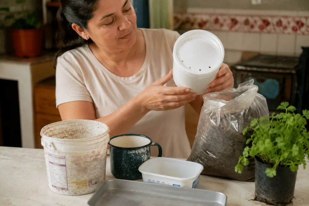 Cómo hacer una huerta económica en casa reutilizando materiales Persona preparando recipientes reutilizados para una huerta casera económica.