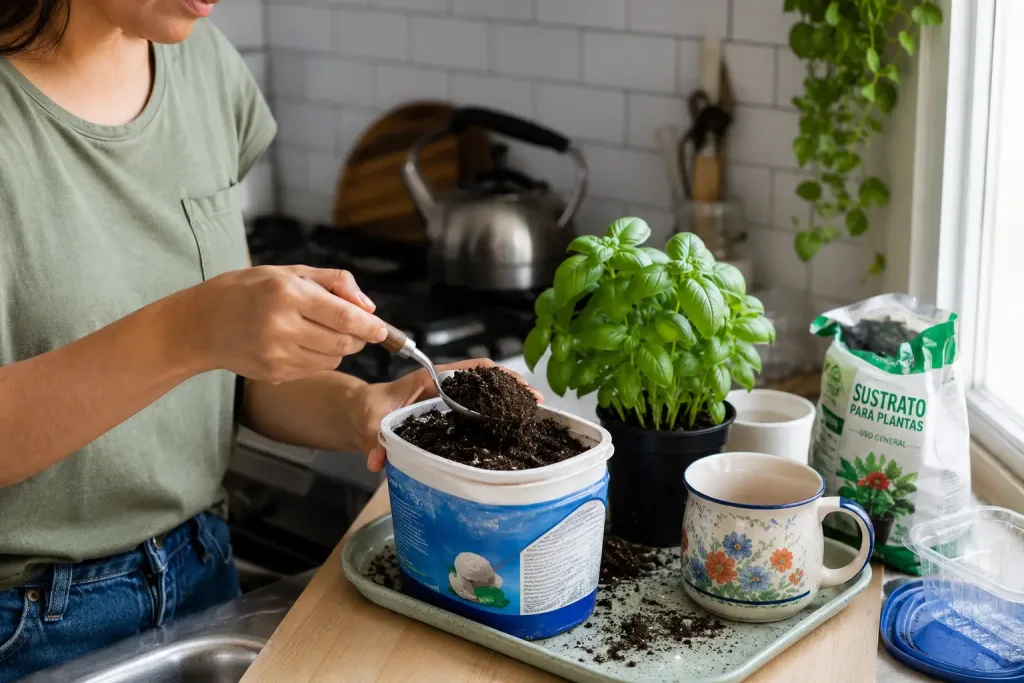 Qué necesitas para crear una huerta casera sin gastar mucho Persona preparando un recipiente reutilizado para una huerta casera económica
