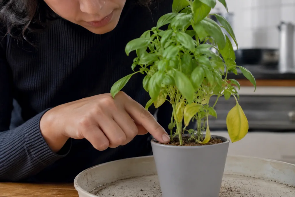 Persona revisando la humedad de la tierra en una planta con hojas amarillas.