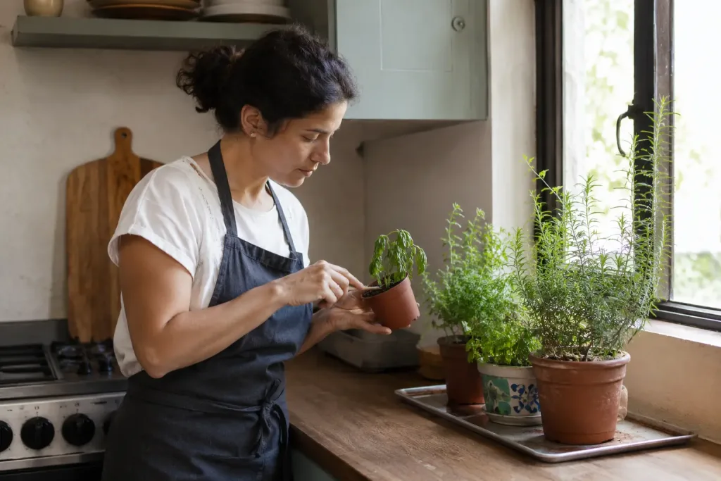 Persona revisando una maceta con exceso de agua en una huerta casera.