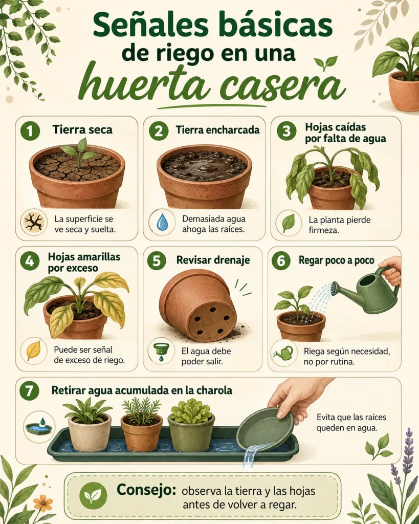 Señales de falta y exceso de agua en una huerta casera.