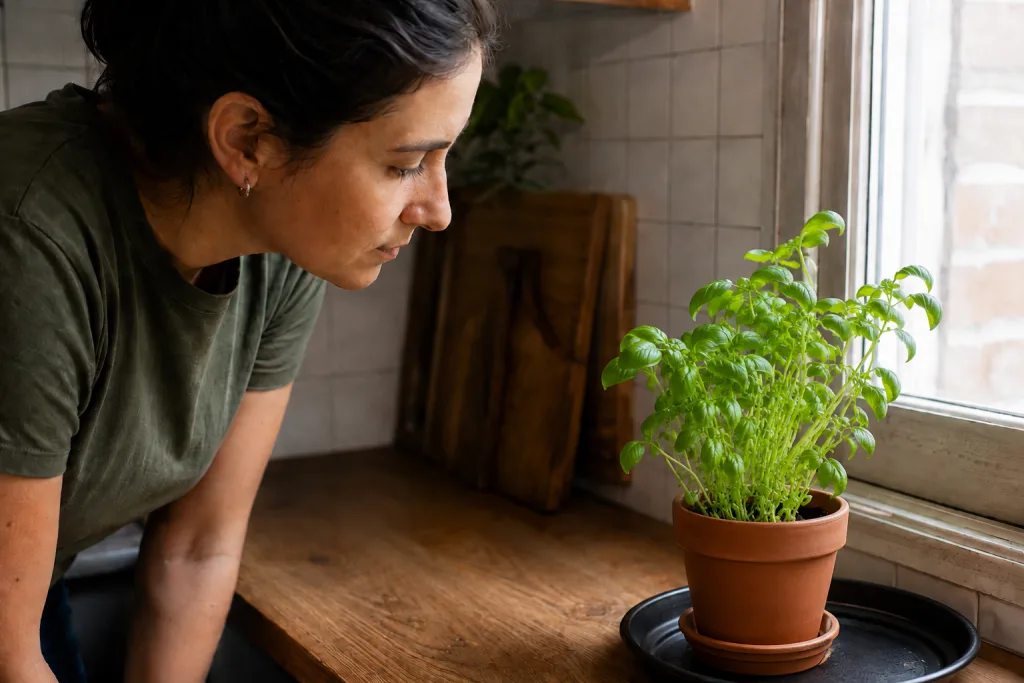 Cómo saber si a tu huerta le falta luz dentro de casa Persona observando una planta inclinada hacia la ventana por falta de luz.