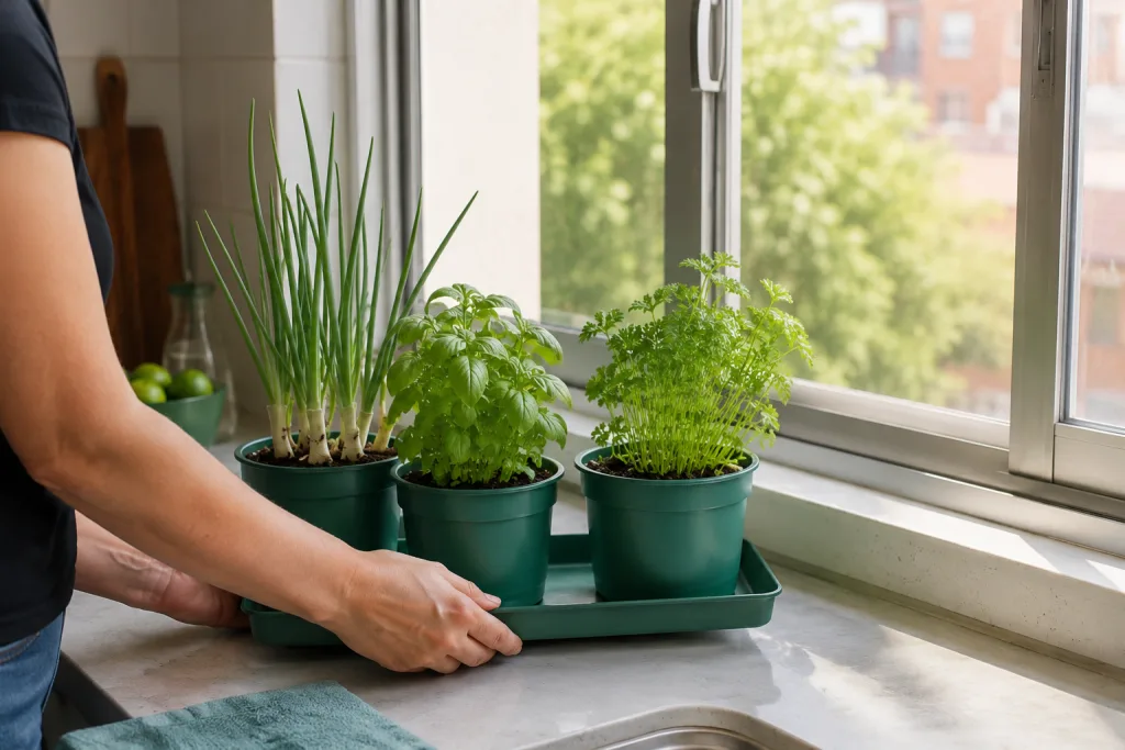 Cómo usar una ventana para tu huerta sin bloquear la luz ni desordenar la cocina Persona acomodando macetas pequeñas junto a una ventana sin desordenar la cocina.