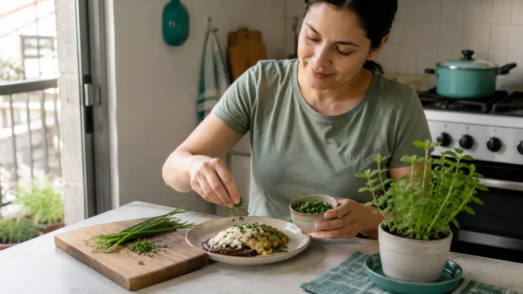 Persona usando una pequeña cosecha de su huerta en una comida casera sencilla.