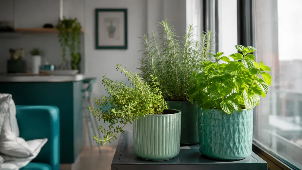Huerta pequeña dentro de casa con plantas cerca de una ventana para revisar la luz.