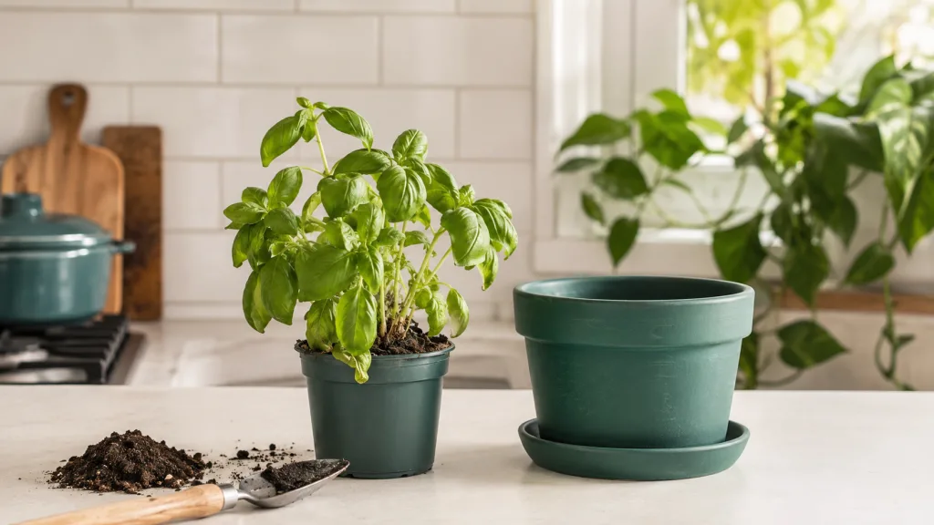Planta de huerta junto a una maceta más grande antes del cambio.
