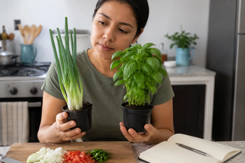 Persona eligiendo hierbas de olor para usar en comidas caseras.
