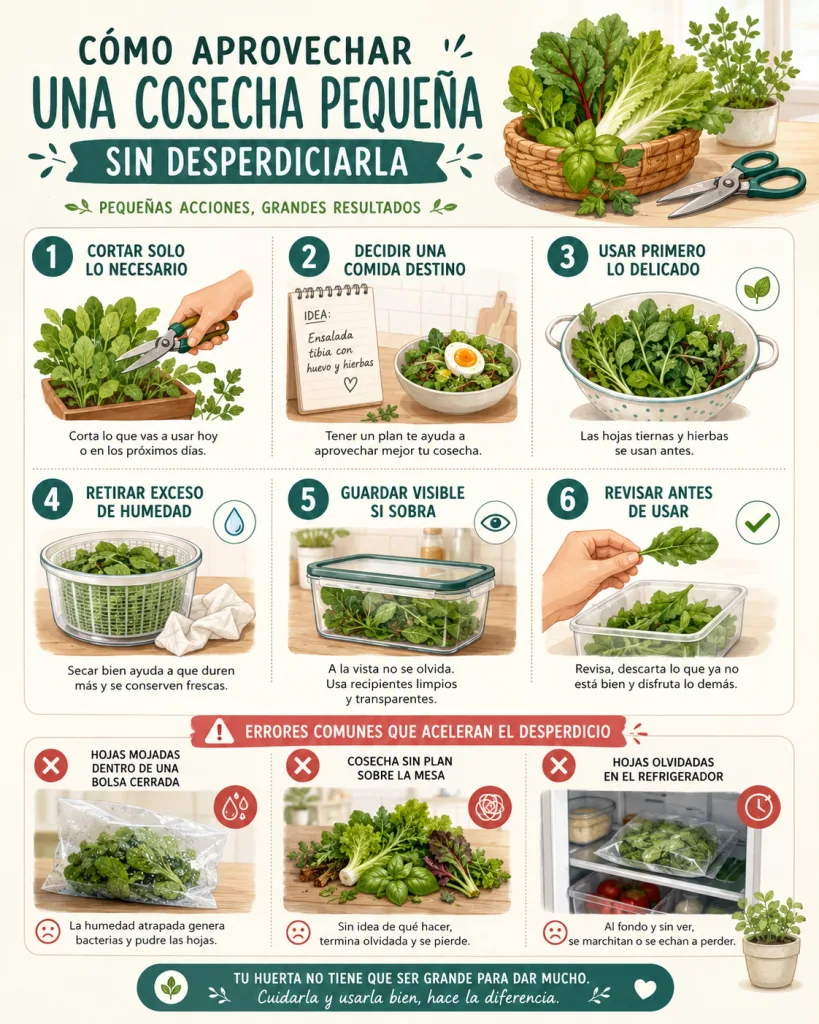Guía visual para aprovechar una cosecha pequeña de huerta sin desperdiciarla.