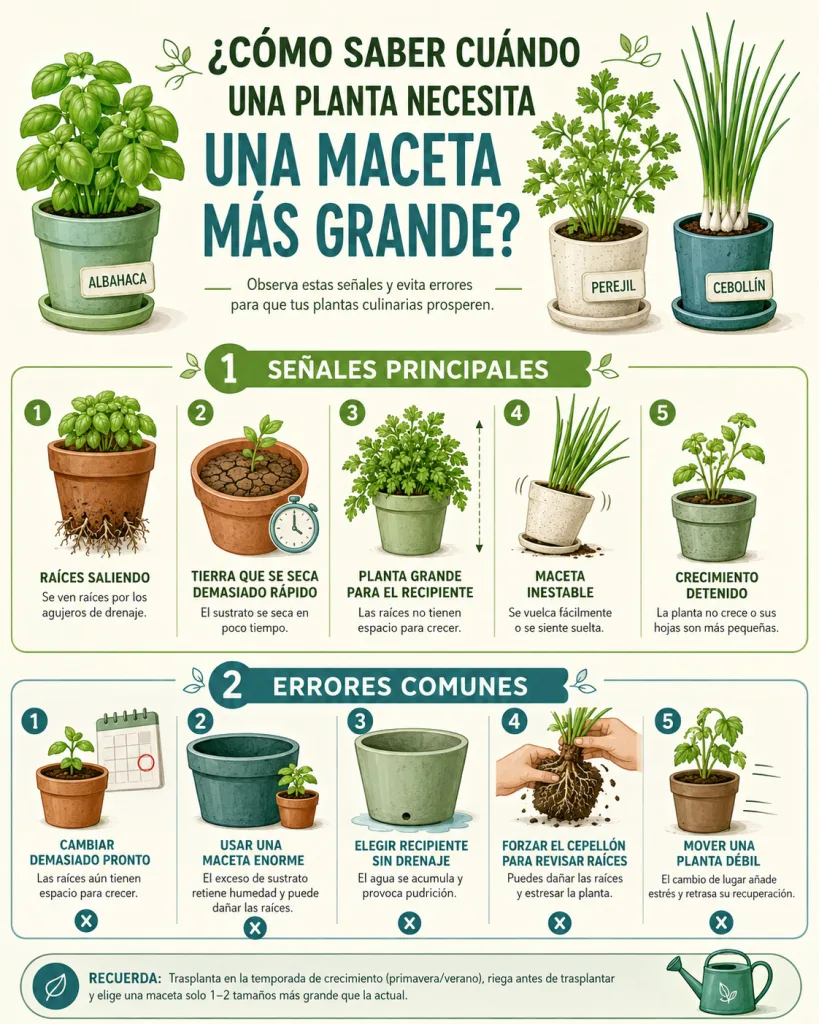 Guía visual para saber cuándo una planta necesita una maceta más grande.