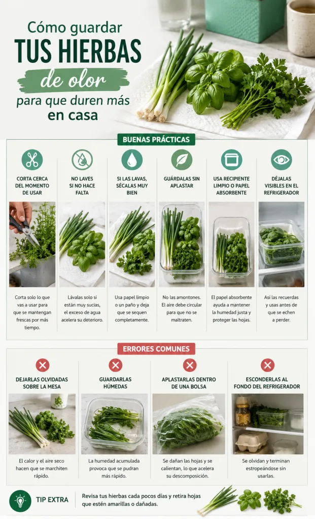 Guía visual para guardar hierbas de olor recién cortadas y mantenerlas frescas.