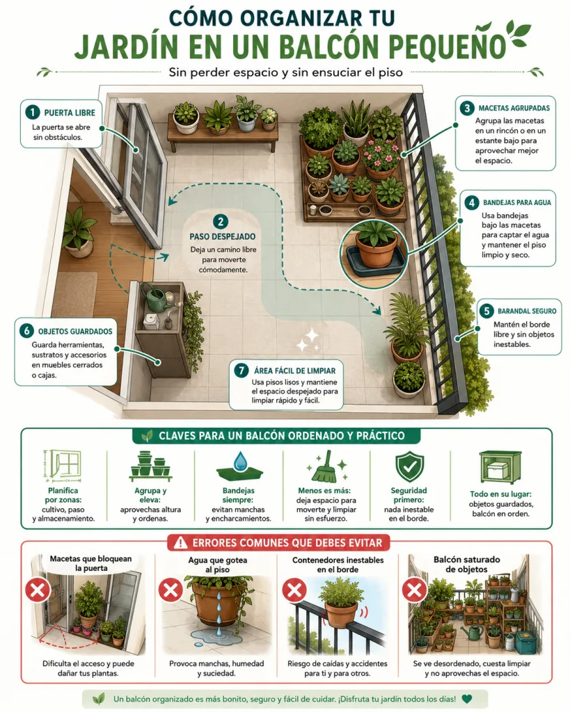 Guía visual para organizar una huerta en un balcón pequeño sin perder espacio ni ensuciar el piso.