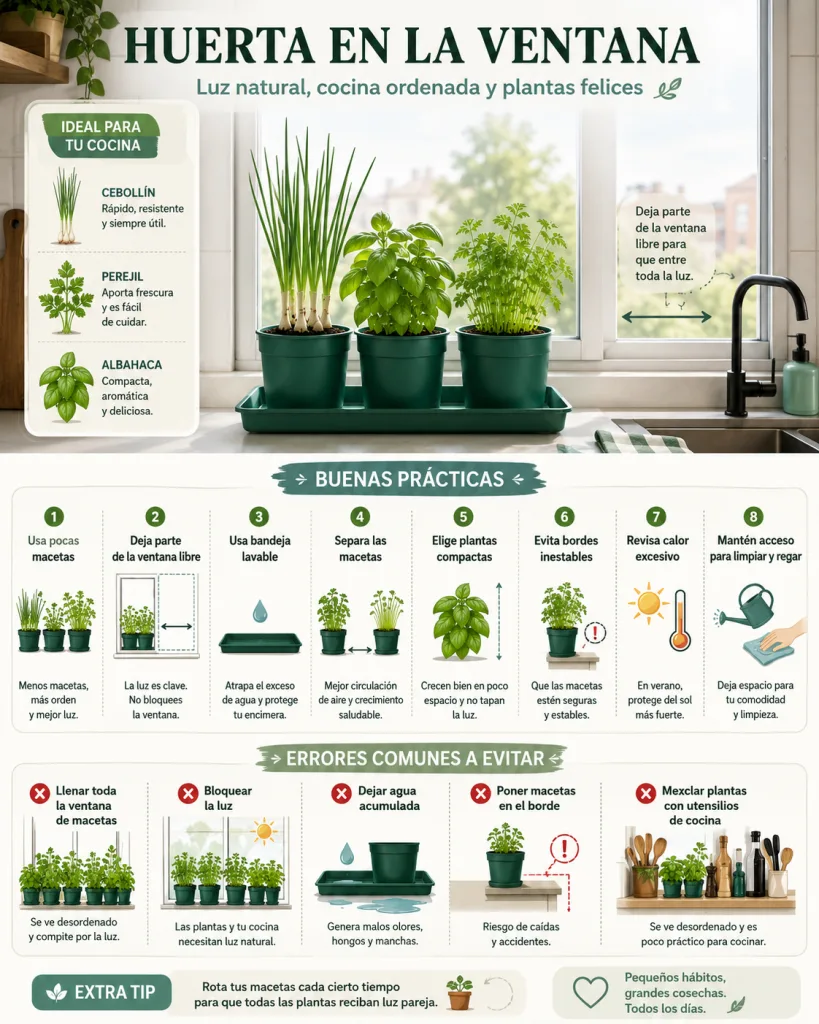 Cómo usar una ventana para tu huerta sin bloquear la luz ni desordenar la cocina Guía visual para organizar una huerta en ventana sin bloquear la luz ni desordenar la cocina.