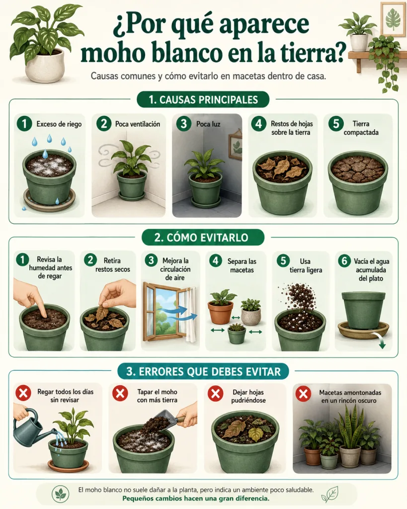 Por qué aparece moho blanco en la tierra de tus macetas y cómo evitarlo Guía visual sobre causas y soluciones del moho blanco en la tierra de las macetas.