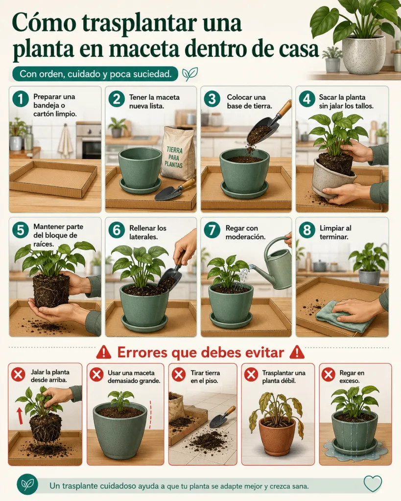 Guía visual para trasplantar una planta en maceta dentro de casa sin ensuciar ni dañarla.