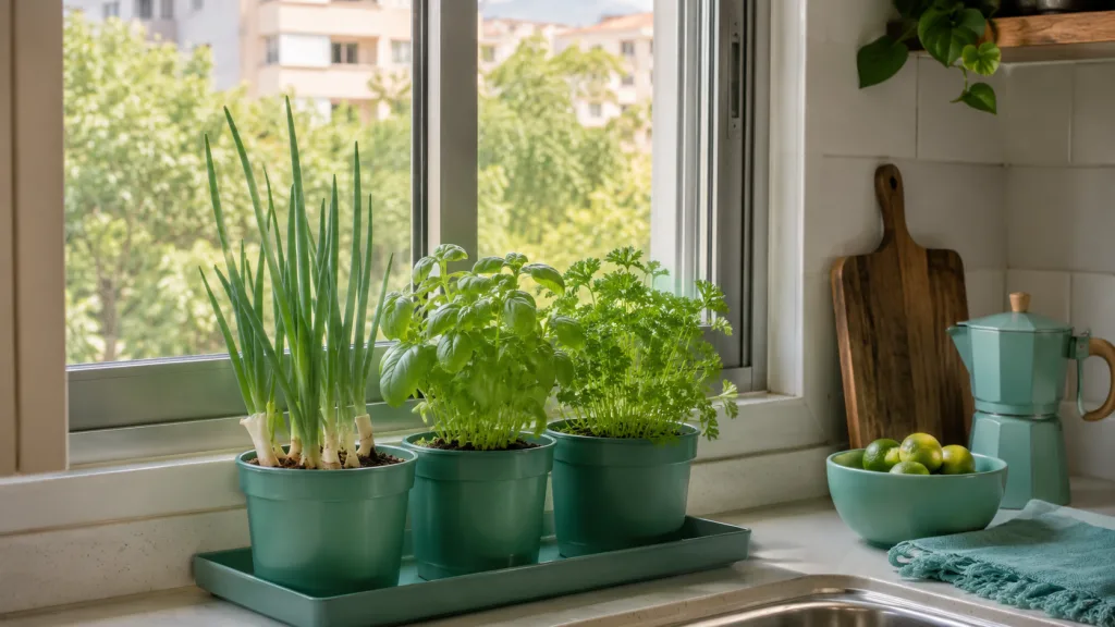 Huerta pequeña organizada junto a una ventana de cocina sin bloquear la luz