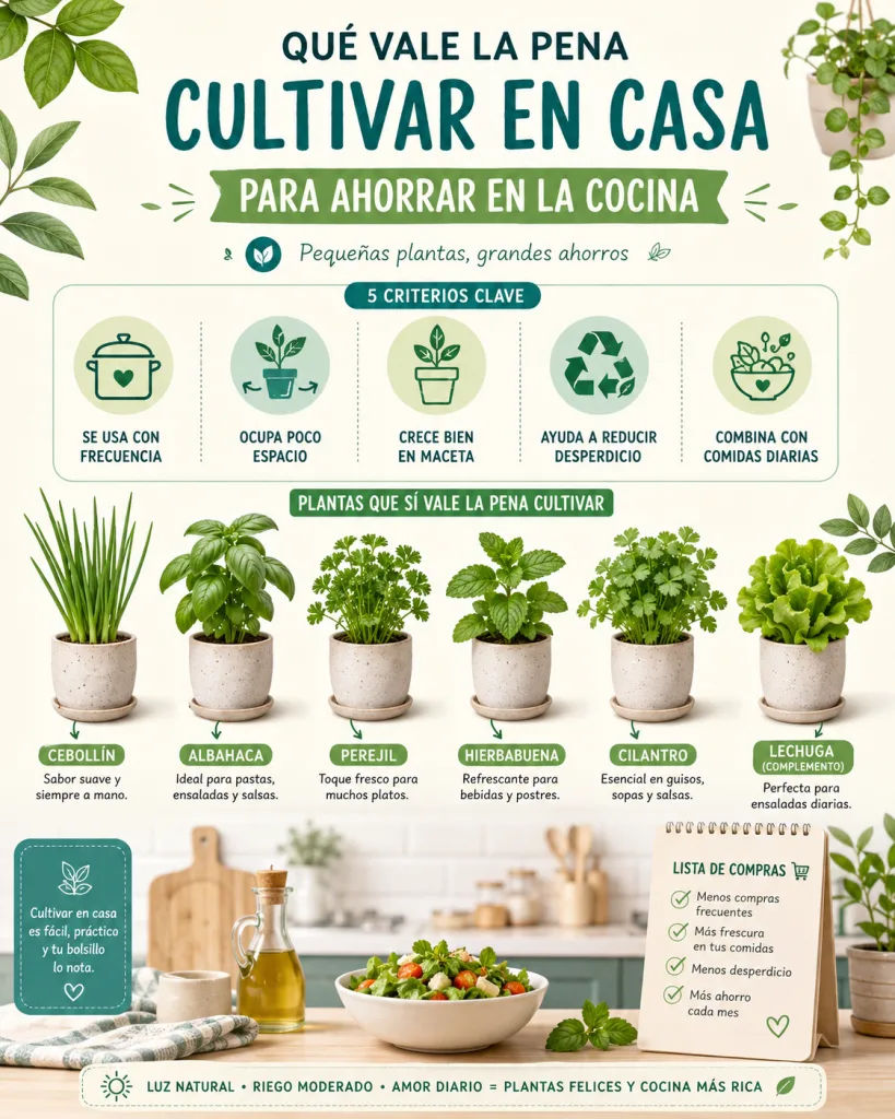 Guía visual de plantas que vale la pena cultivar en casa para ahorrar en la cocina.

