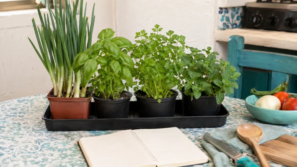 Plantas útiles para ahorrar en la cocina cultivadas en macetas pequeñas.