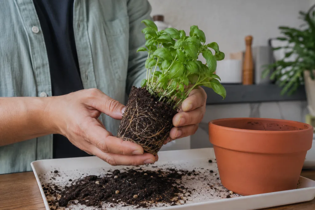 Persona revisando raíces de una planta antes de cambiarla de maceta.