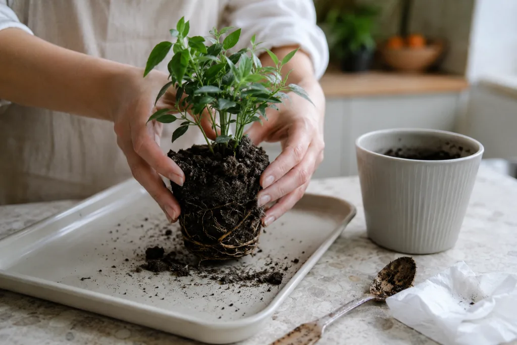 Manos sacando una planta de su maceta sin jalar los tallos
