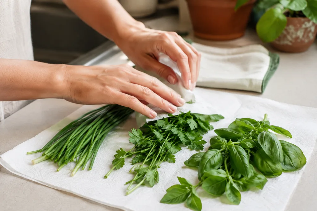 Persona secando hierbas de olor recién cortadas antes de guardarlas.