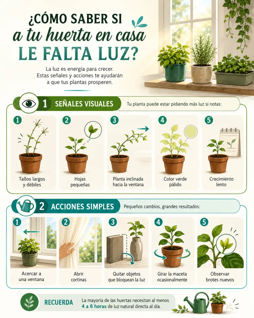 Cómo saber si a tu huerta le falta luz dentro de casa Guía visual con señales de falta de luz en plantas de una huerta en casa.