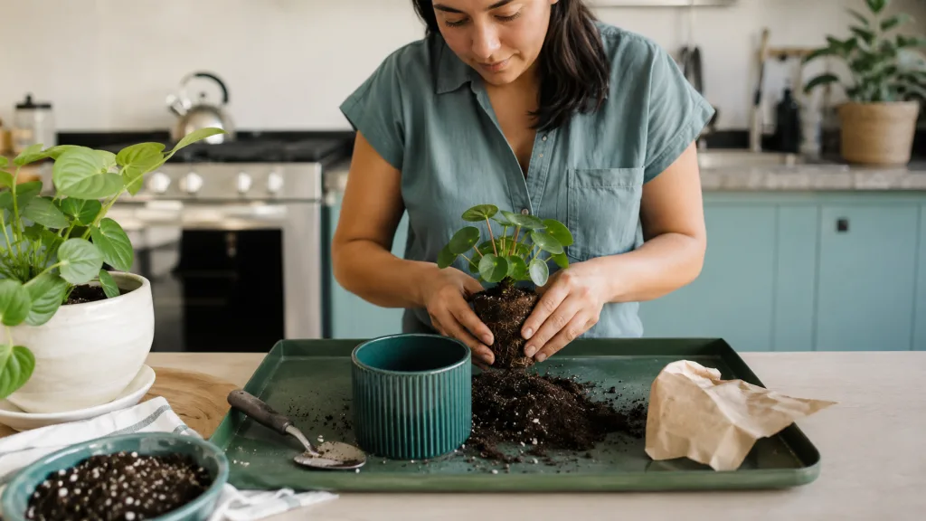 Persona trasplantando una planta en maceta dentro de casa sin ensuciar el piso.