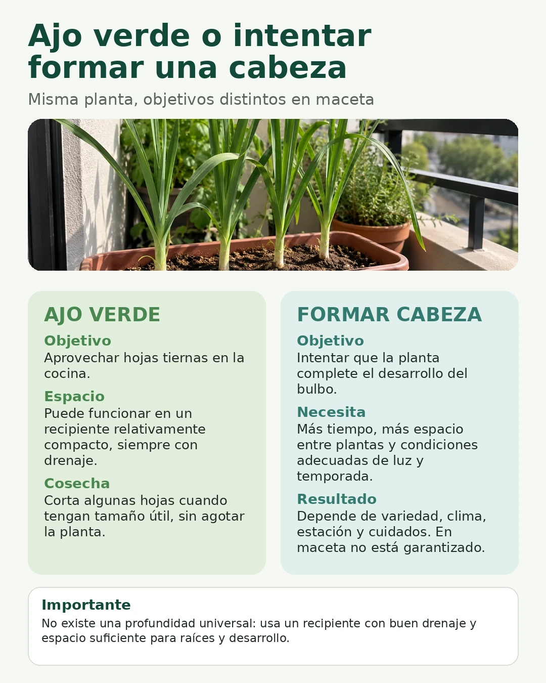 Comparación visual entre cultivar ajo verde y esperar una cabeza completa en maceta