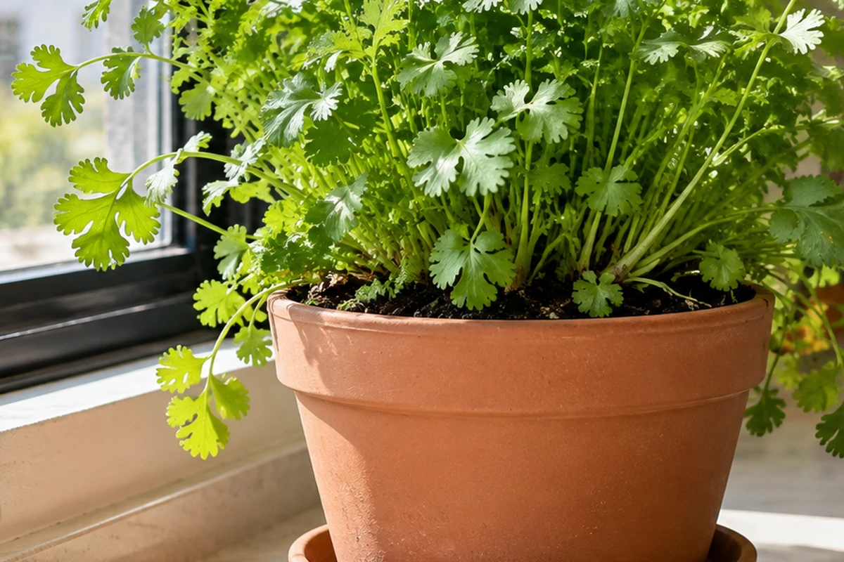 Cilantro creciendo en un recipiente suficientemente profundo con sustrato suelto y drenaje
