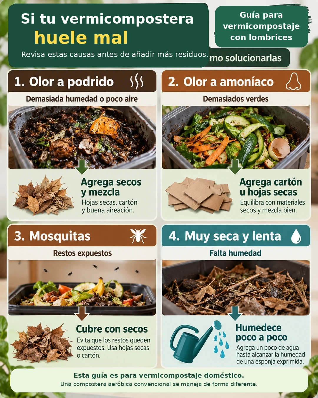 Guía visual para corregir exceso de humedad, alimento expuesto y malos olores en una compostera doméstica