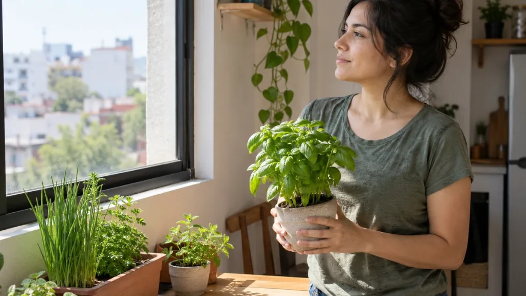 Huerta pequeña dentro de casa con plantas cerca de una ventana para revisar la luz