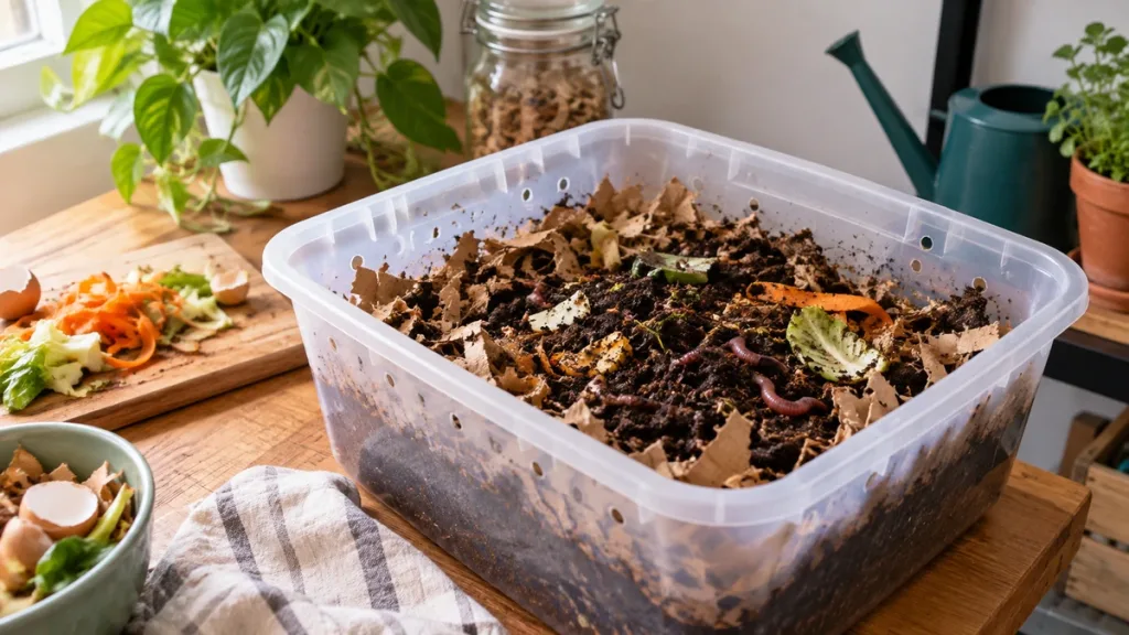 Vermicompostera casera pequeña con bedding de cartón húmedo y residuos vegetales enterrados
