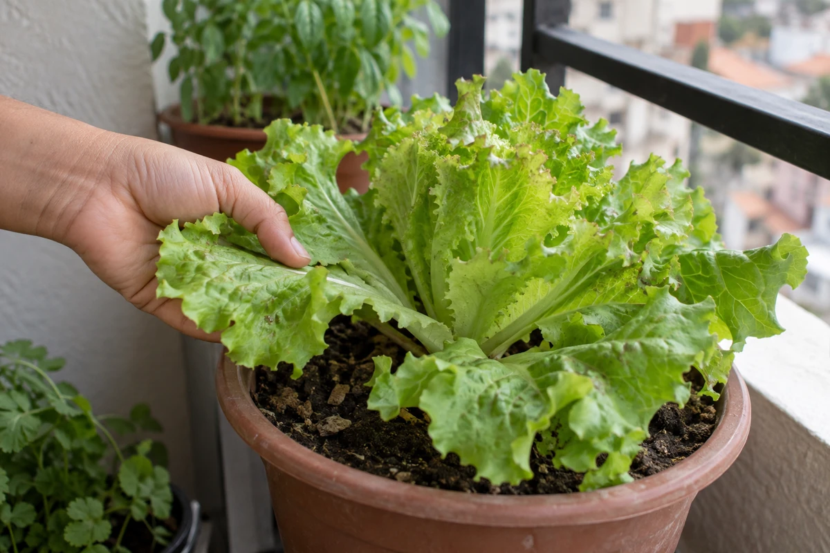 Mano cosechando hojas exteriores de una lechuga de hoja sin dañar el centro de crecimiento