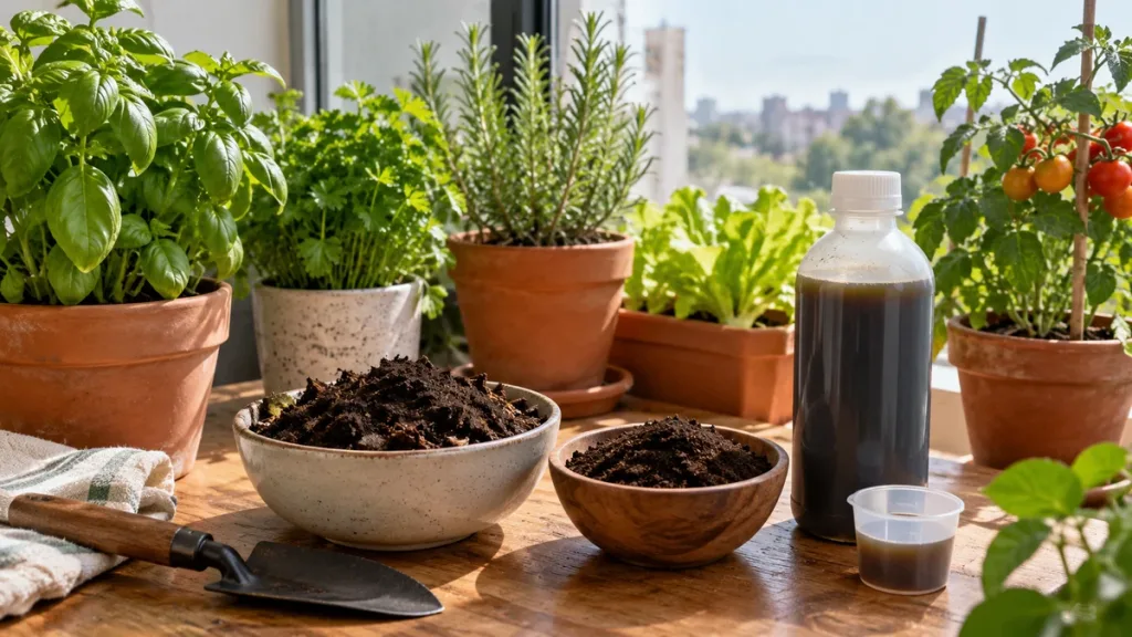 Macetas con hierbas junto a recipientes con composta y una botella con líquido oscuro sobre una mesa de cultivo.