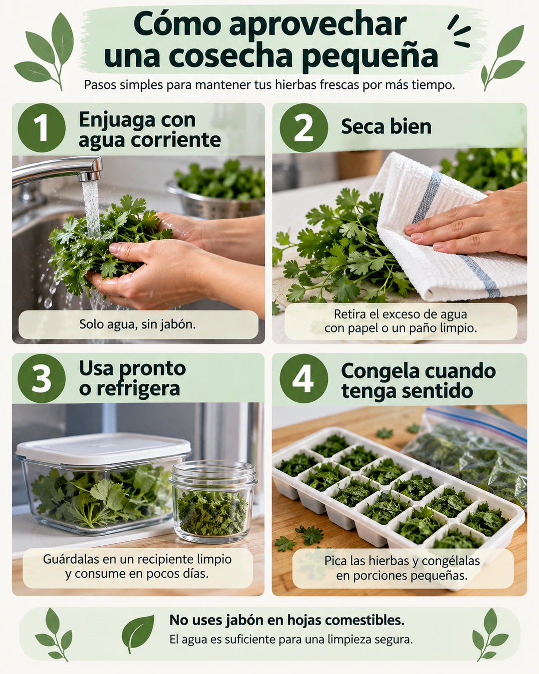 Guía visual para usar, lavar, secar, refrigerar o congelar una pequeña cosecha