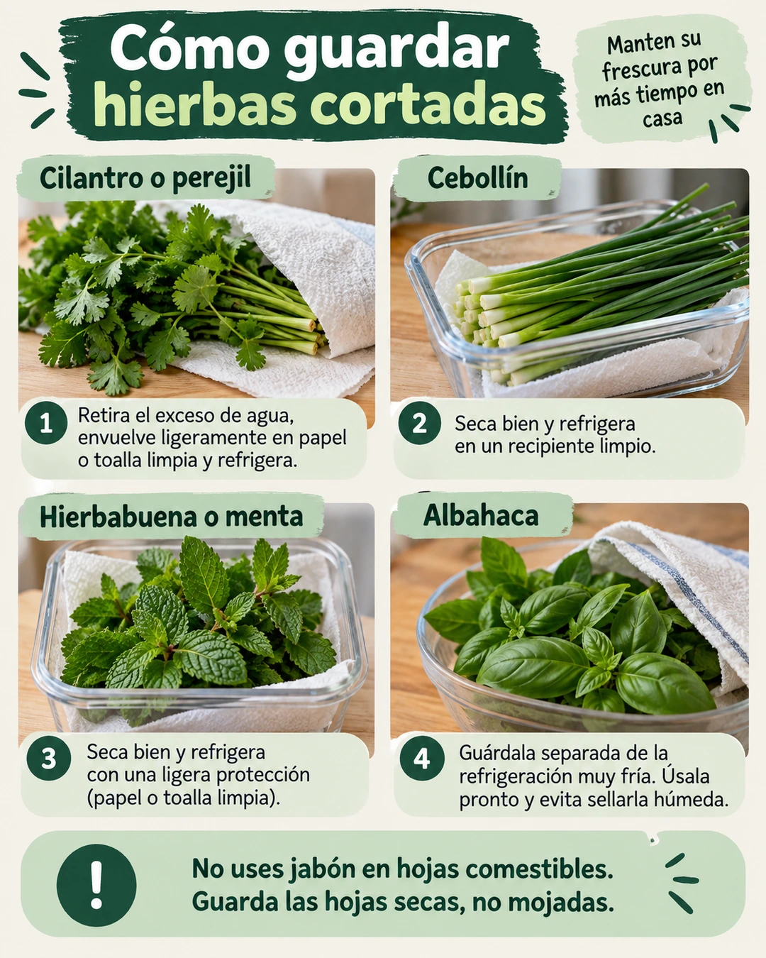 Guía visual para guardar cilantro, perejil, cebollín, menta y albahaca con métodos diferentes