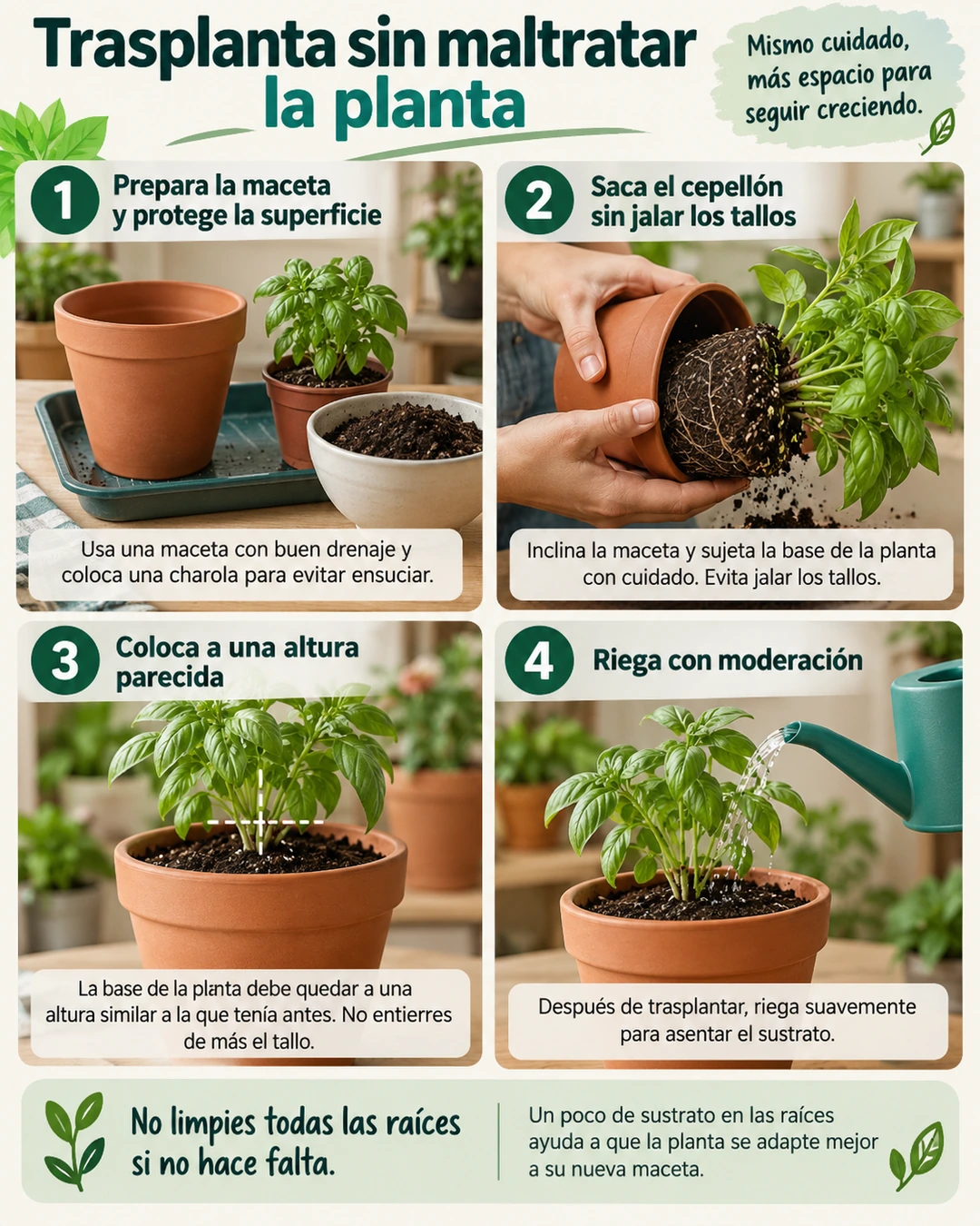 Guía visual para preparar, retirar, colocar y regar una planta durante el trasplante