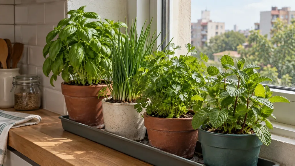 Huerta pequeña organizada junto a una ventana de cocina sin bloquear la luz